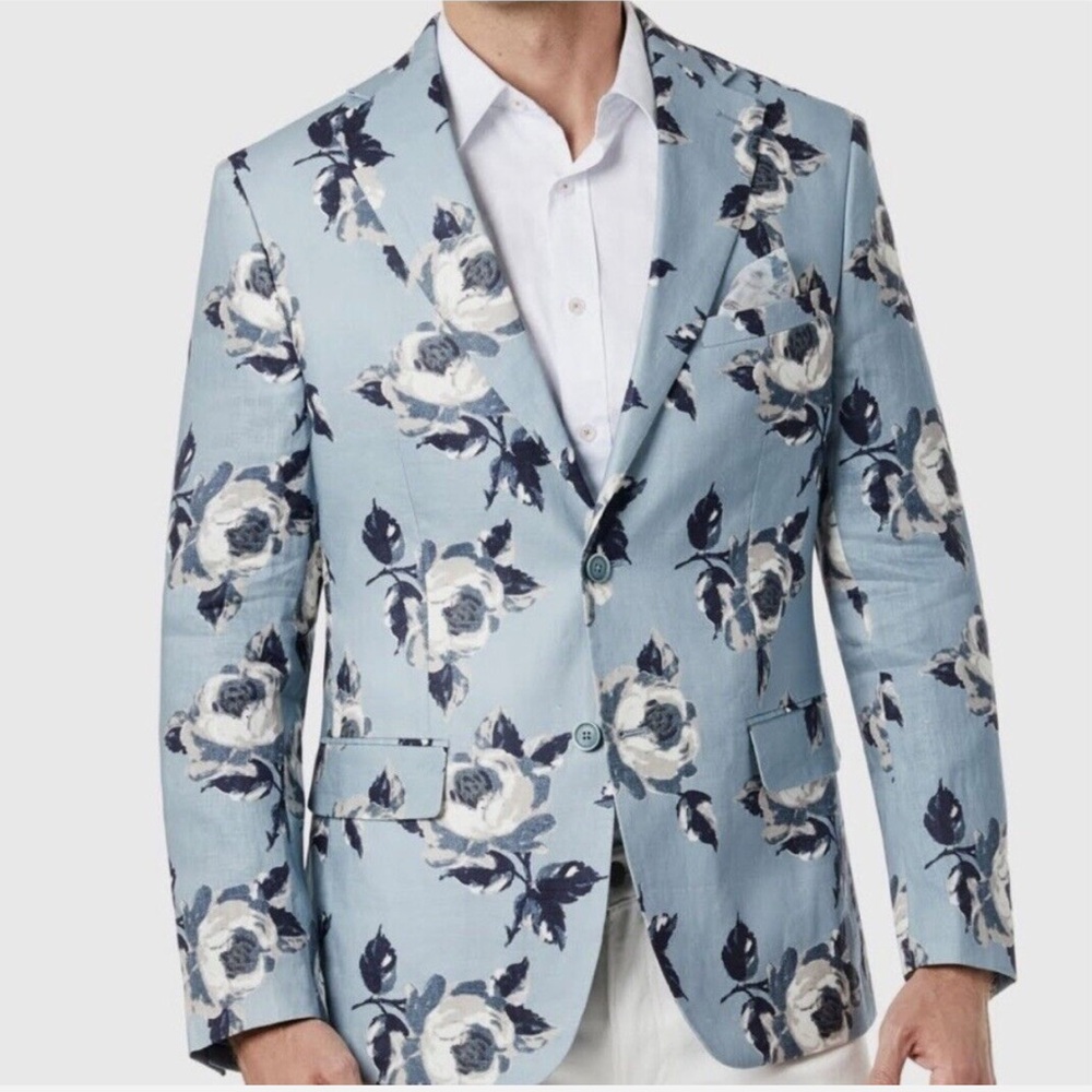 TALLIA Men's Slim-Fit Blue Floral Print Linen Blazer 42 Short NWT